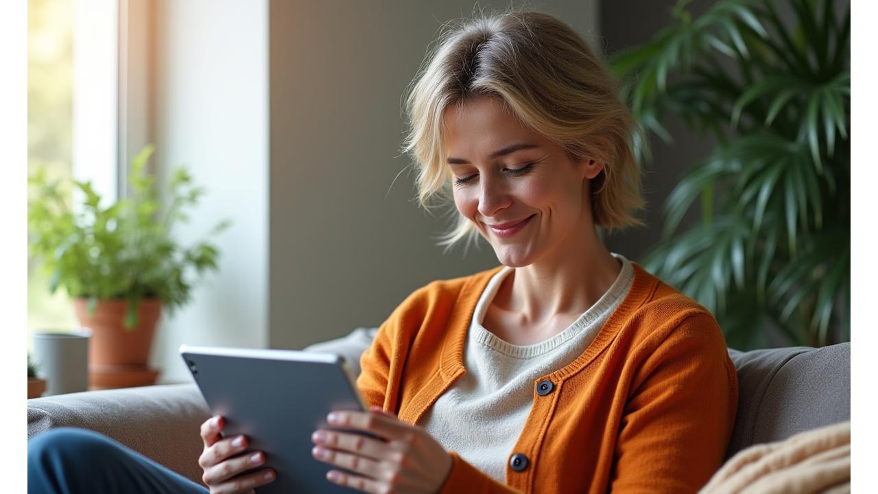 O femeie zâmbitoare citește un blog pe tabletă, într-un mediu natural, luminos, simbolizând sănătate și serenitate.