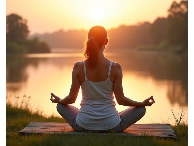 O persoană meditează într-o poziție de yoga, cu palmierii și un apus calm în fundal, sugerând eliberarea de stres.
