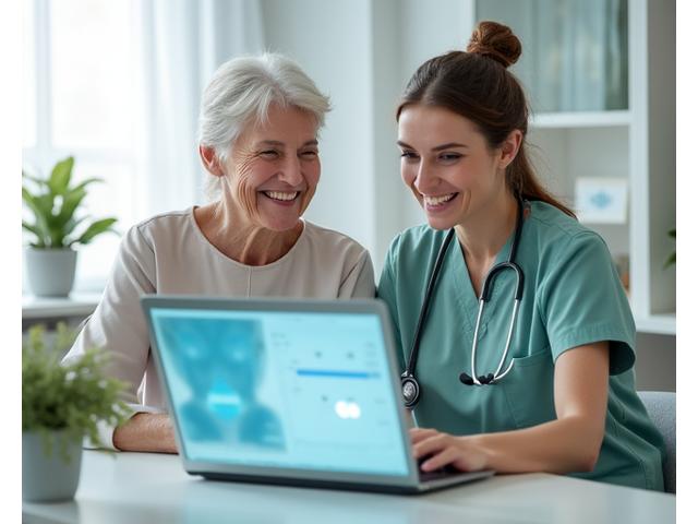 O bătrână zâmbitoare și un medic amabil consultă rezultatele unui screening medical pe un laptop, într-un cabinet luminos.