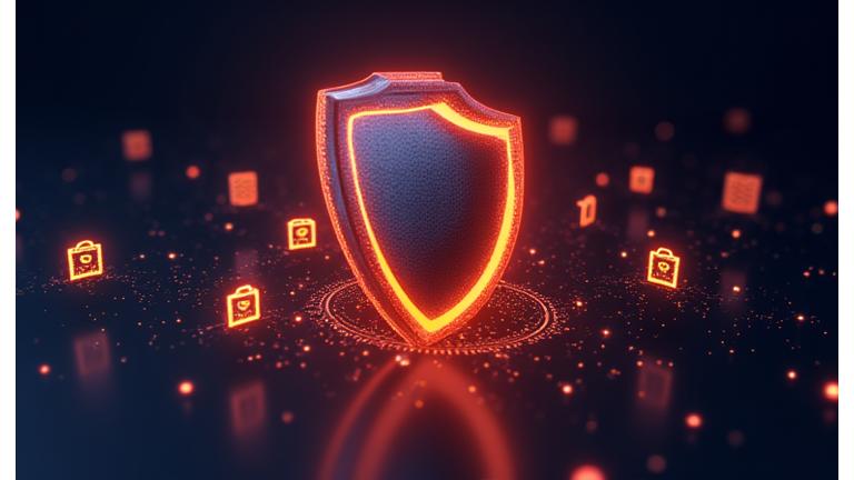 Un scut digital stilizat, înconjurat de elemente grafice de criptare și blocare, simbolizând protecția și securitatea robustă a datelor personale.