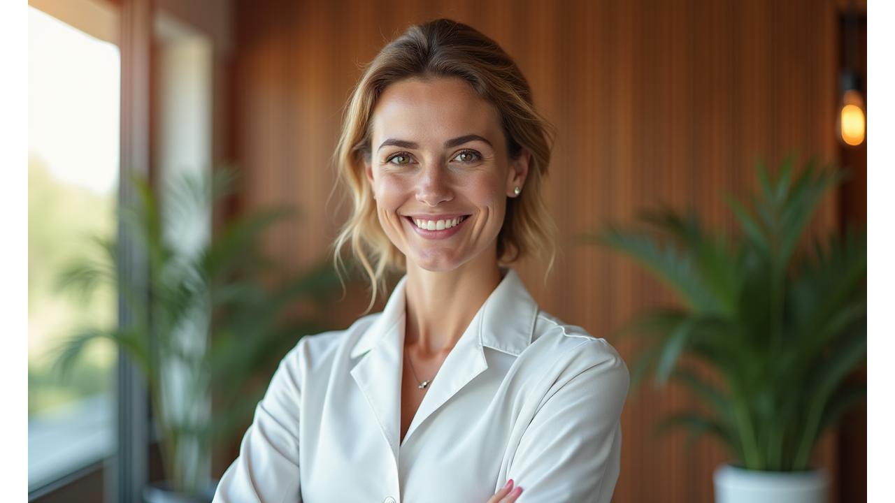 O femeie zâmbitoare, la vârsta de 40 de ani, relaxată, gata să ajute, într-un mediu luminos de birou wellness
