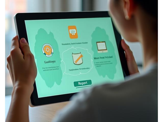 O persoană analizând o tabletă cu pictograme de reguli și un semn de alertă, simbolizând moderarea atentă și suportul pentru o comunitate sigură.