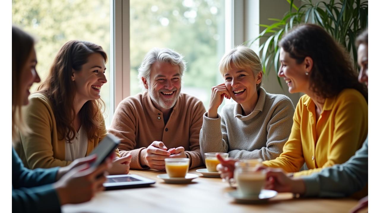 Grup de adulți zâmbitori, de vârste diverse, socializând într-un cadru luminos și primitor, simbolizând o comunitate unită și suportivă.