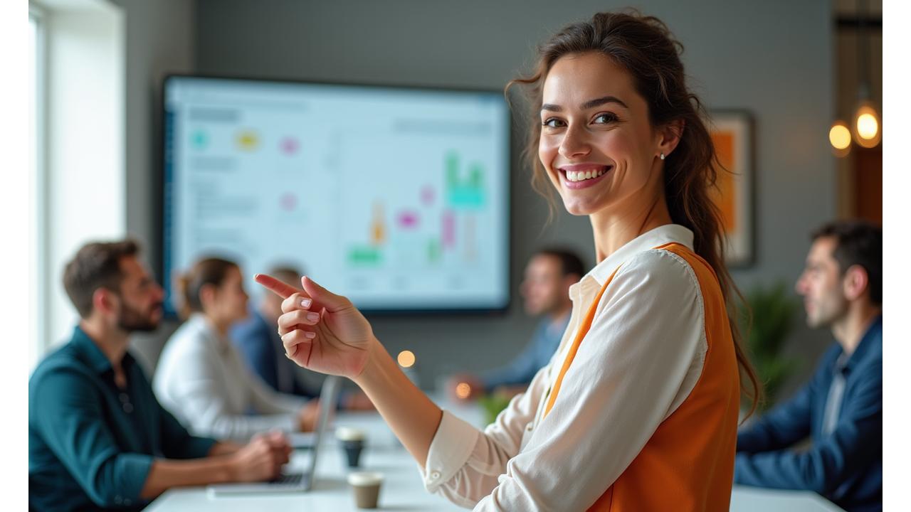O imagine curată, profesională, cu o femeie expertă în wellness arătând un grafic pe un monitor, cu un grup de persoane în fundal angajate într-o discuție, simbolizând o sesiune de Q&A cu expertiza brandului.