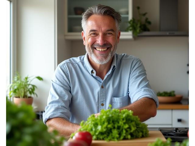 Bărbat de vârstă mijlocie, slăbit și zâmbitor, preparând o salată.