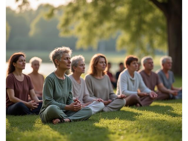 Grup de oameni mediatând în aer liber, într-un parc liniștit.