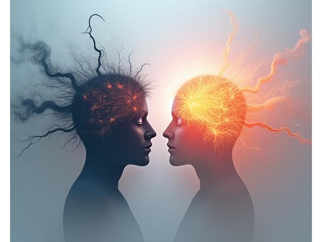 O ilustrație abstractă cu o minte umană stilizată care transformă gânduri negative (nori întunecați) în gânduri pozitive (raze de soare), ilustrând refactorizarea cognitivă.