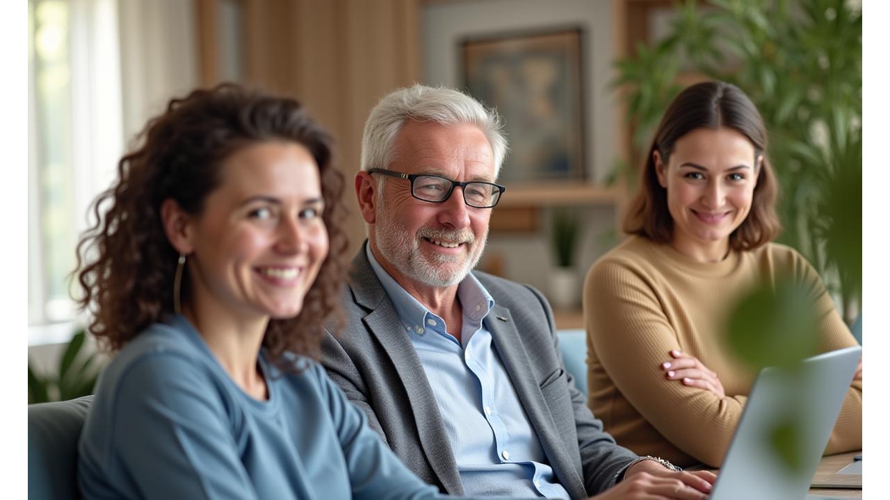 Trei persoane adulte, zâmbind, arătând încredere și seninătate, fiecare într-un context subtil de afaceri, familie și muncă, sugerând transformarea personală prin mindfulness
