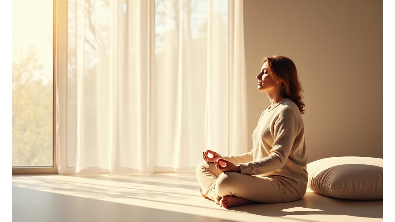 Femeie matură meditând într-un spațiu luminos și calm, simbolizând liniștea interioară și prezența