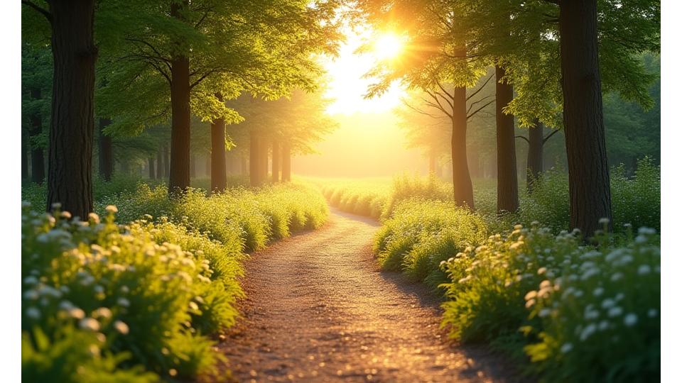 O potecă liniștită într-o pădure luminoasă, simbolizând începutul unei călătorii interioare și descoperirea de sine