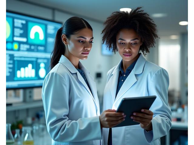 Oameni de știință analizând date într-un laborator, cu grafice și ecuații