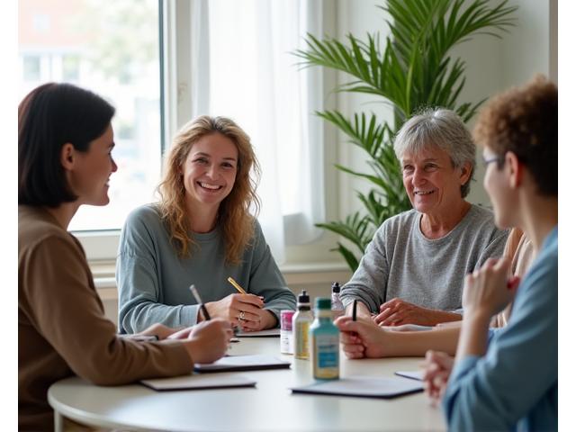 Grup de oameni interacționând cu produse wellness și completând chestionare