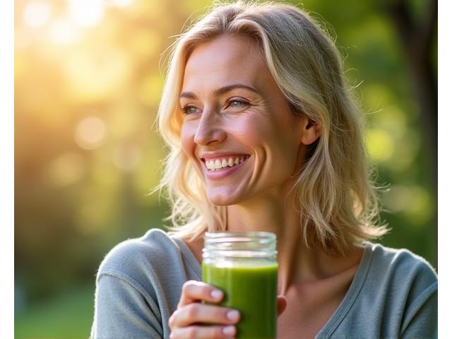 Femeie zâmbitoare care bea un smoothie verde, simbolizând testarea personală a produselor wellness