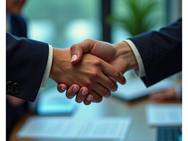 Două mâini strânse, simbolizând încrederea și parteneriatul, cu un contract sau formular transparent pe fundal
