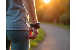 O persoană în mișcare cu un smartwatch și o aplicație de fitness pe ecran