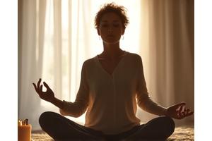 O persoană meditând cu iconițe de aplicații de mindfulness plutind în jurul ei