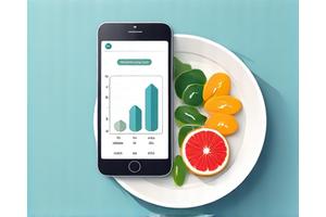 Pictogramă reprezentând nutriția și un smartphone afișând un grafic de calorii