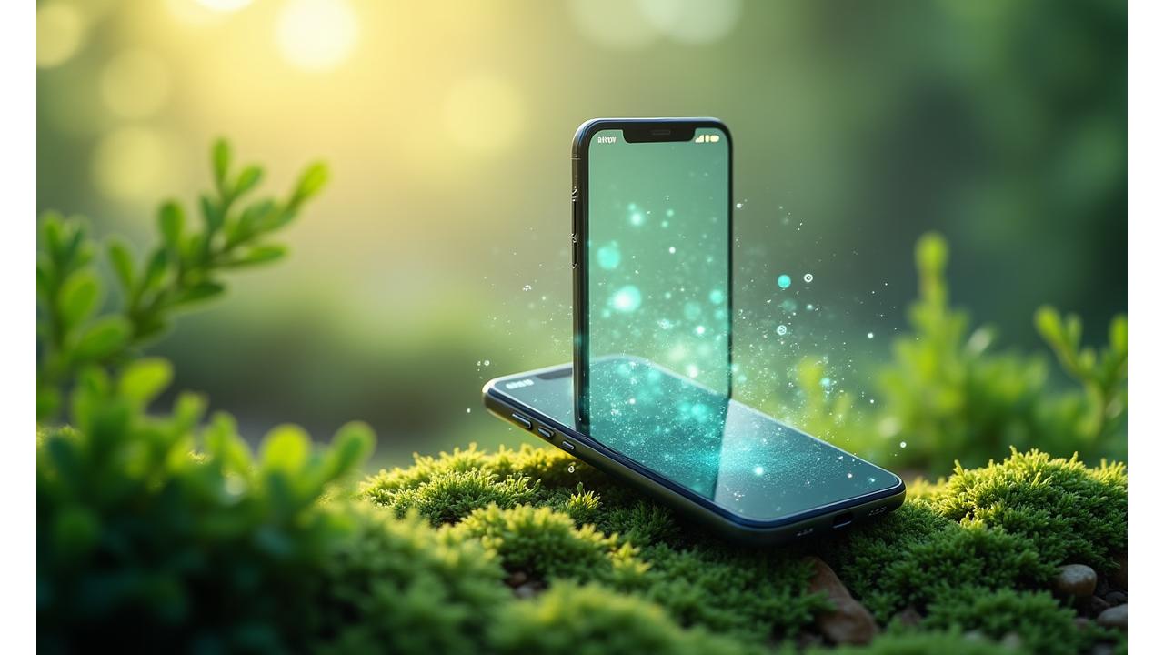 Un smartphone afișând o interfață wellness, înconjurat de elemente de natură și tehnologie, simbolizând echilibrul dintre viața digitală și sănătate