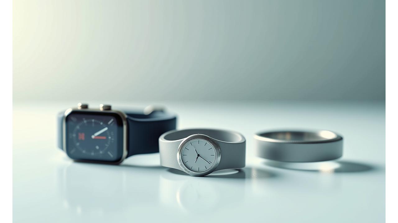 O selecție de wearable-uri moderne, inclusiv un smartwatch, un inel inteligent și o bandă de fitness, așezate elegant pe o suprafață curată