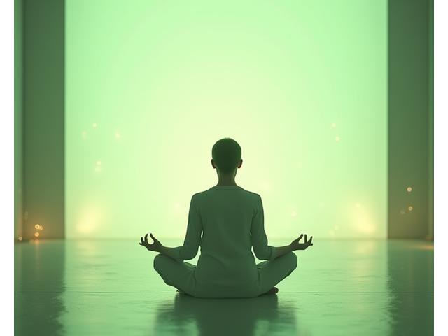 O femeie meditând calm într-un spațiu luminos și aerisit, cu simboluri subtile de echilibru și protecție în fundal