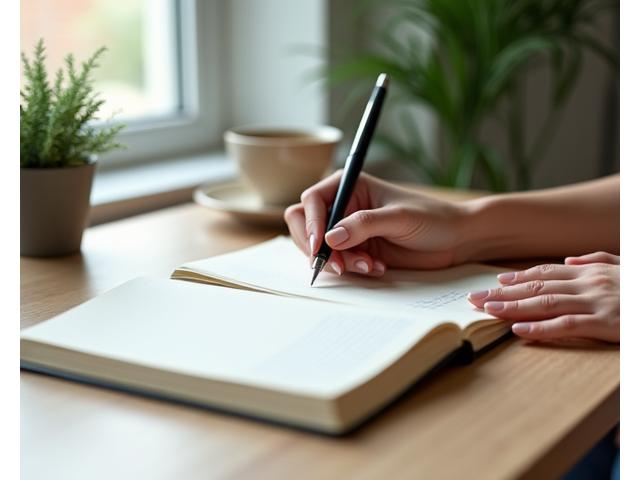 O pereche de mâini care strâng un creion și scriu într-un jurnal deschis, pe o masă curată, sugerând angajament personal și organizare