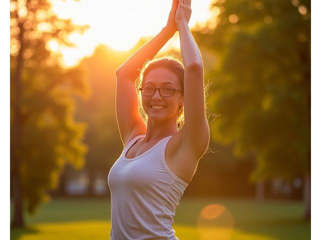 O femeie zâmbitoare care face yoga într-un parc, ilustrând un stil de viață activ și echilibrat, cu o lumina caldă de apus