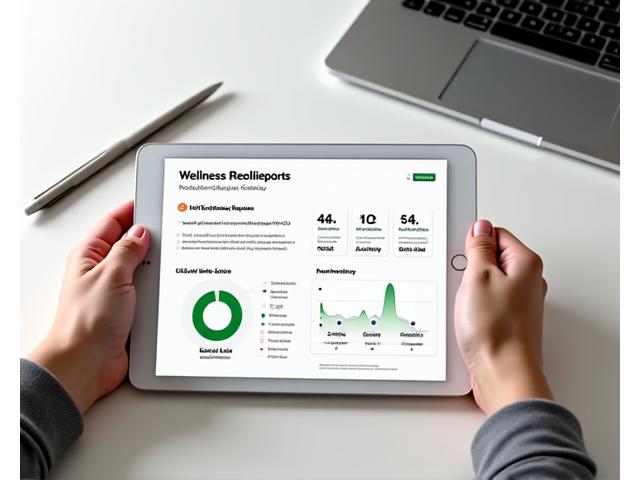 O persoană examinează un raport de wellness personalizat pe o tabletă, cu grafice și date, pe un fundal luminos, simbolizând claritate și decizii informate