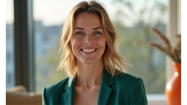 O femeie din Cluj, zâmbitor, arată energie și vitalitate, simbolizând succesul unui upgrade de stil de viață, cu fundal urban discret