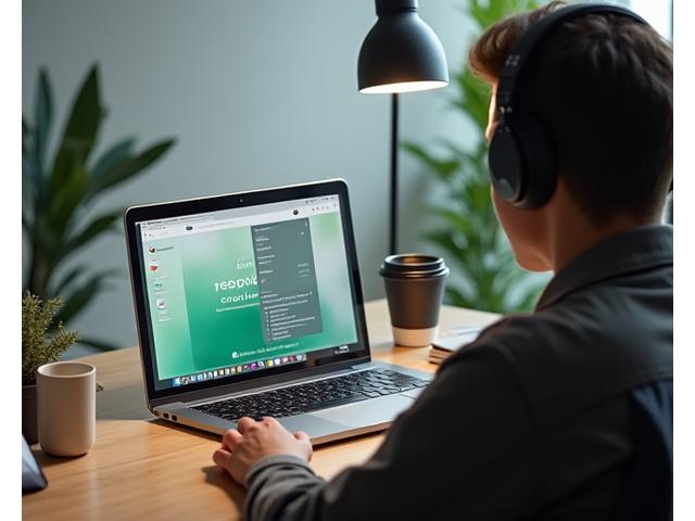 Persoană la birou, folosind un laptop pentru un workshop online, cu căști